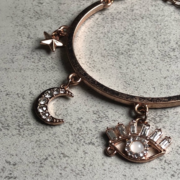 Rose Gold Evil Eye Star Moon Charm Bangle Bracelet - Picture 4 of 6
